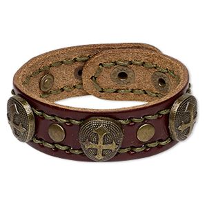 Bracelet, leather (dyed) with antique brass-plated steel and "pewter" (zinc-based alloy), brown and olive green, 24mm wide with 20x18mm teardrop and cross design, adjustable at 6 and 6-1/2 inches with snap closure. Sold individually.