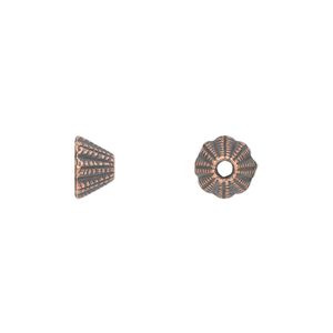 Cone, antique copper-plated "pewter" (zinc-based alloy), 8x5mm corrugated, 5mm inside diameter. Sold per pkg of 50.