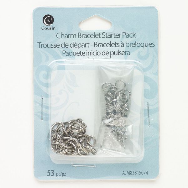 Bracelet split ring jump ring assortment steel 53pk 8.2mm curb 6mm round jump ring oval split ring, imitation rhodium finish 7 inch image number 0