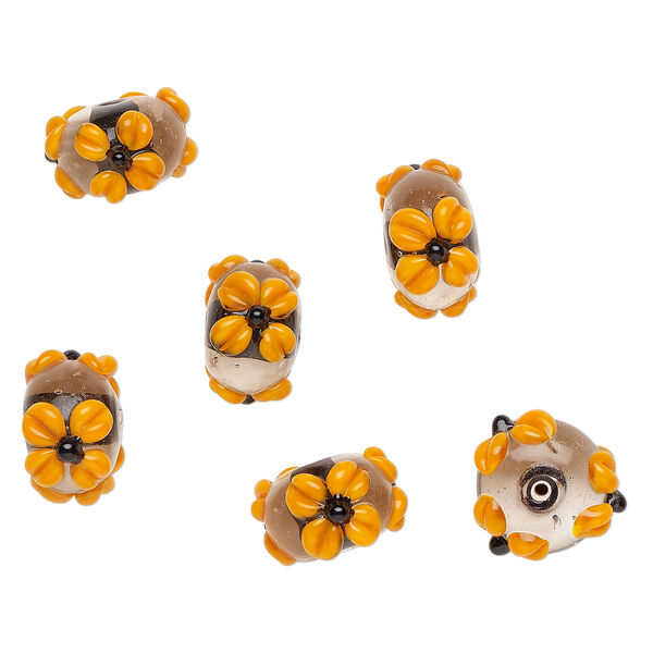 Bead, lampworked glass 1pkg6, clear / opaque orange / black, 18x11mm rondelle with flowers. image number 0