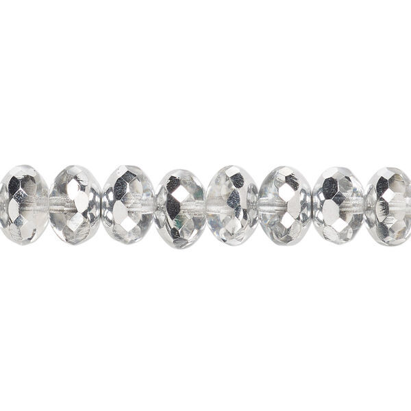 Bead, Czech fire-polished glass, translucent metallic silver, 9x5mm faceted rondelle. Sold per 15-1/2" to 16" strand. image number 0