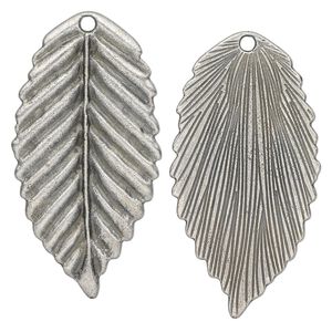 Focal, antique silver-plated "pewter" (zinc-based alloy), 51x26mm birch leaf. Sold per pkg of 4.