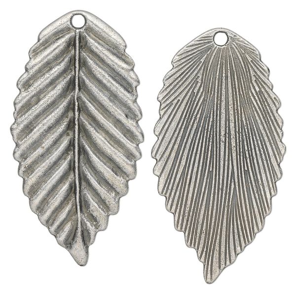 Focal, antique silver-plated "pewter" (zinc-based alloy), 51x26mm birch leaf. Sold per pkg of 4. image number 0