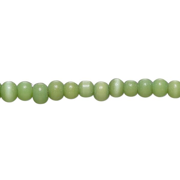 Bead, cat's eye glass (fiber optic glass), green, small pebble. Sold per 14-inch strand. image number 0