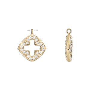 Drop, cubic zirconia and gold-finished sterling silver, clear, 14mm double-sided diamond with cutout cross. Sold individually.