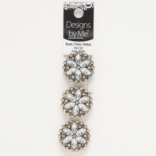 Spacer, antique brass-finished brass and glass, clear, 27mm 2-strand round, fits up to 10mm beads. Sold per pkg of 3. image number 0