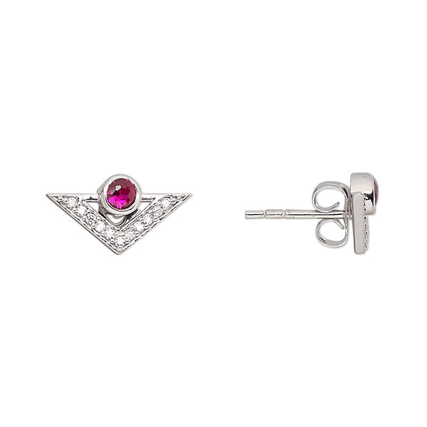Earstud, Create Compliments®, cubic zirconia and rhodium-plated sterling silver, clear and fuchsia, 15x10x10mm triangle. Sold per pair. image number 0