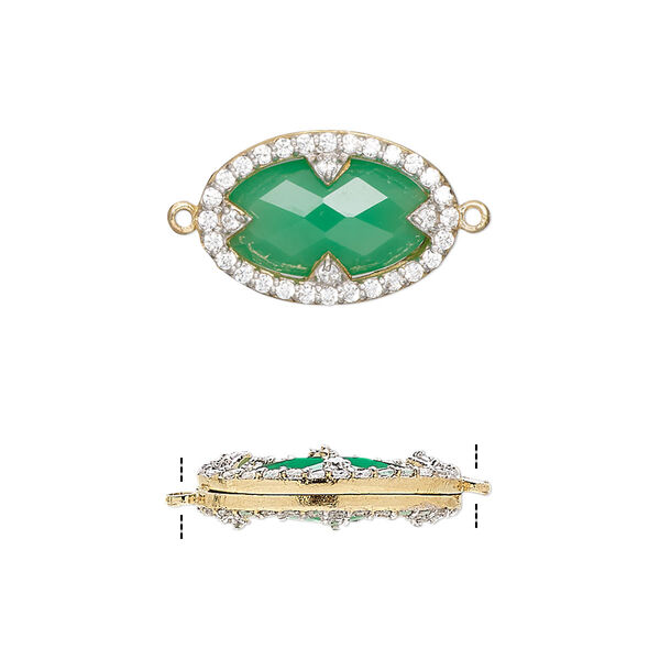 Link, chalcedony (dyed) / cubic zirconia / gold-finished sterling silver, clear and sea green, 18x12mm double-sided faceted oval. Sold individually. image number 0