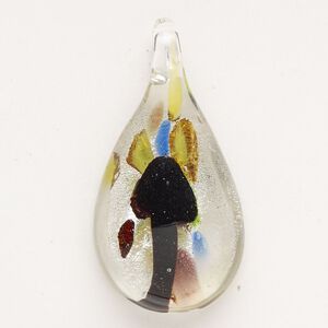 Focal, lampworked glass, translucent purple / clear / multicolored, 28x19mm-38x22mm teardrop with mushroom. Sold individually.
