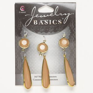 Link and focal assortment 1pkg6, gold-finished brass and acrylic, dark beige, 13mm double-sided faceted round / 40x9mm double-sided faceted teardrop.