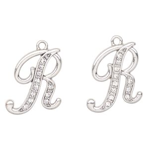 Charm, antique silver-finished "pewter" (zinc-based alloy) and glass, clear, 23x20mm letter "R". Sold per pkg of 2.