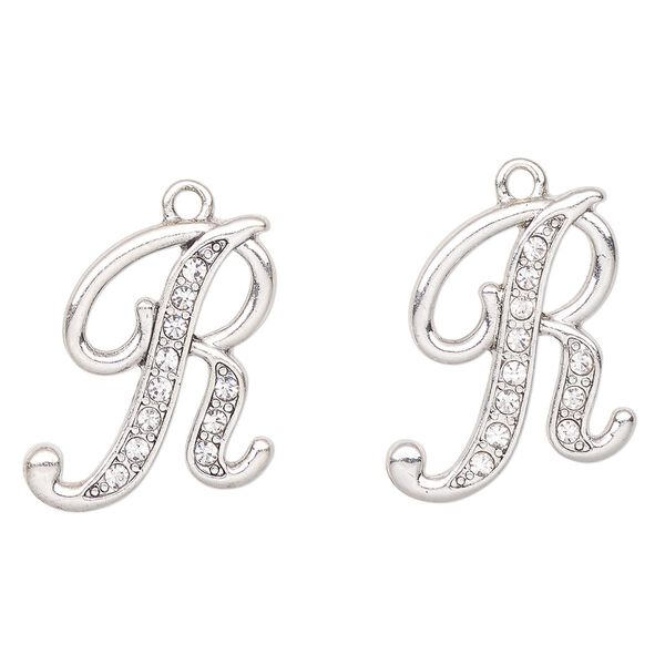 Charm, antique silver-finished "pewter" (zinc-based alloy) and glass, clear, 23x20mm letter "R". Sold per pkg of 2. image number 0
