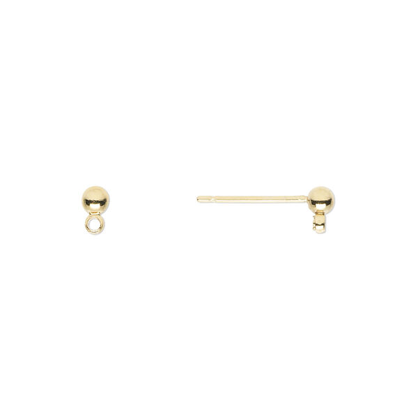 Earstud, gold-finished brass and stainless steel, 3mm ball with closed loop. Sold per pkg of 250 pairs. image number 0