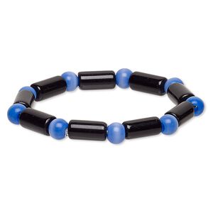Bracelet, stretch, glass and cat's eye glass, opaque cobalt and black, 7-8mm round and 14x7mm-15x8mm round tube, 7 inches. Sold individually.
