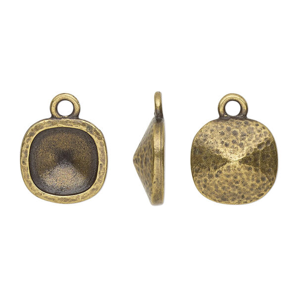 Drop, TierraCast®, Almost Instant Jewelry®, antique brass-plated pewter (tin-based alloy), 13mm hammered square with 10mm cushion glue-in setting (4470). Sold per pkg of 2. image number 0