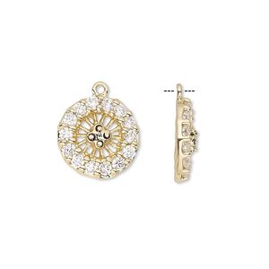 Drop, cubic zirconia and antique gold-finished bronze, clear, 14mm single-sided round wheel with 2mm faceted round. Sold individually.