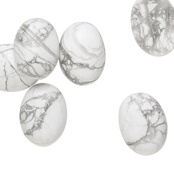 Cabochon, white howlite (natural), 16x12mm calibrated oval, B grade, Mohs hardness 3 to 3-1/2. Sold per pkg of 6. image number 0