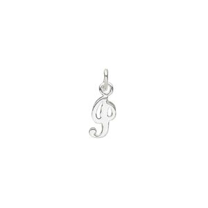 Charm, sterling silver, 9x5mm Champagne cursive alphabet letter "I." Sold individually.