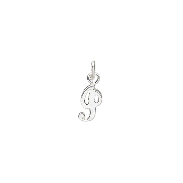 Charm, sterling silver, 9x5mm Champagne cursive alphabet letter "I." Sold individually. image number 0