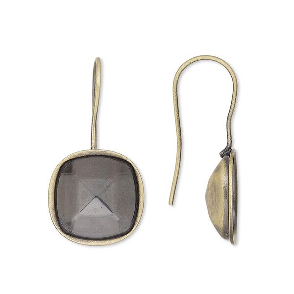 Ear wire, Almost Instant Jewelry®, antique gold-plated brass, 28x14mm fishhook with 12mm cushion glue-in setting, 20 gauge. Sold per pkg of 2 pairs. image number 0