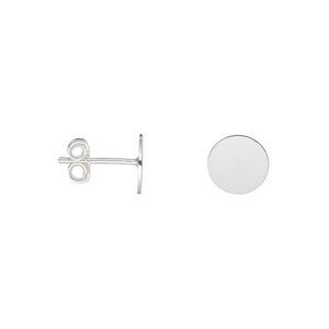 Earstud 1pkg10 sterling silver, 8mm flat pad / 8mm round setting / earnuts, 5 pair