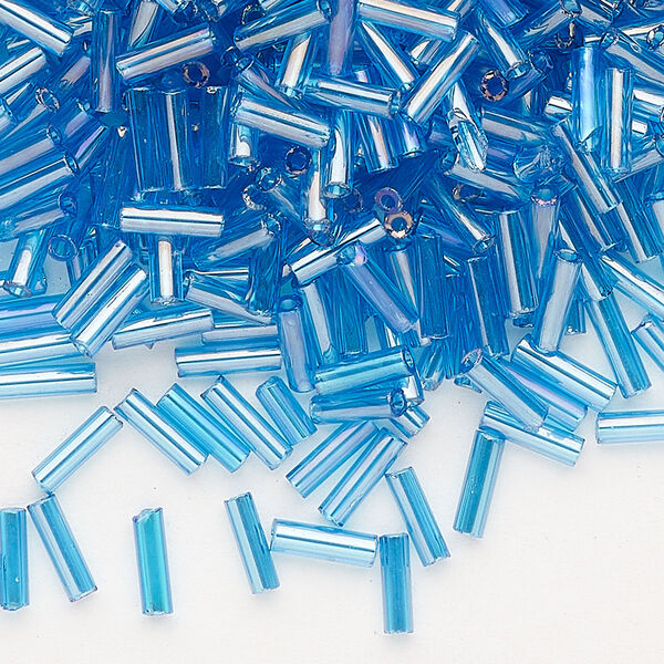 Bead, Preciosa Ornela Czech glass, bugle bead, pkg/50g, 1/4 inch, rainbow translucent sea blue, (61150). image number 0