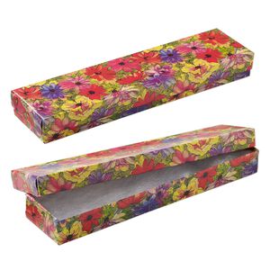 Box, paper, "cotton"-filled, multicolored, 8x2x1-inch rectangle with floral design. Sold per pkg of 10.