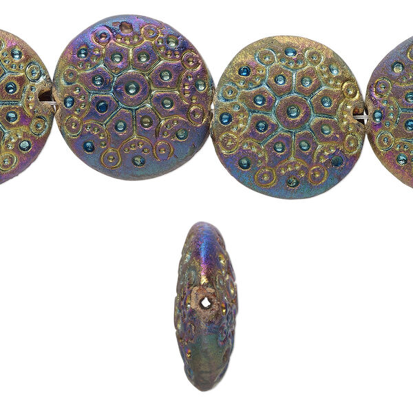 Bead, pressed clay, rainbow, 21-22mm handmade puffed round. Sold per 16-inch strand, approximately 20 beads. image number 0