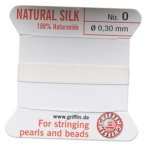 Thread, Griffin, silk, white, size #0. Sold per 2-meter card (approximately 78 inches).