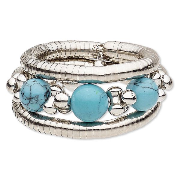 Bracelet, magnesite (dyed / stabilized) / steel memory wire / silver-coated plastic / silver-plated steel, blue, 35mm wide spiral, 7-1/2 inch adjustable. Sold individually. image number 0