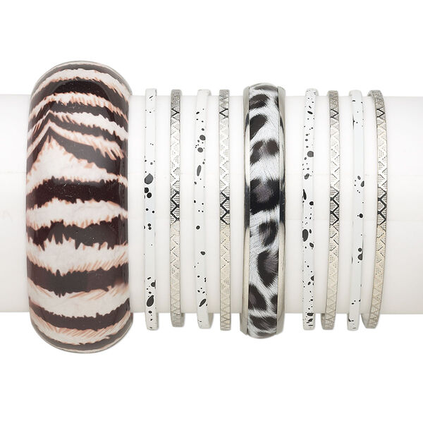 Bracelet mix, bangle, vinyl / polyester / silver-finished steel, white and black, 3-29mm wide with mixed design, 8 inches. Sold per 10-piece set. image number 0