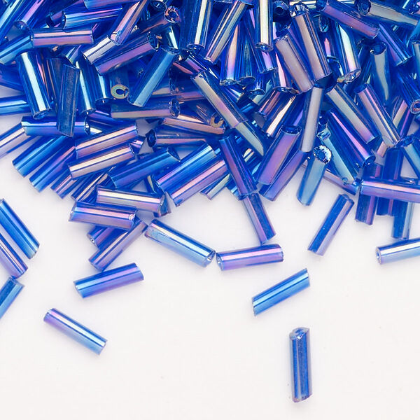 Bead, Ming Tree™, bugle bead, glass, pkg/1/4 pound, 1/4 inch, rainbow translucent cobalt blue. image number 0