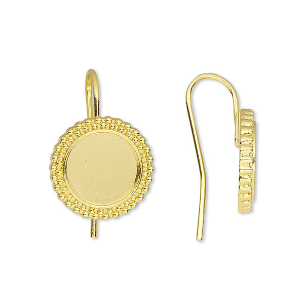 Ear wire, Almost Instant Jewelry®, gold-finished brass, 21mm fishhook with 10mm beaded round setting, 18 gauge. Sold per pkg of 5 pairs. image number 0
