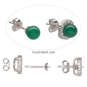 Earstud 1pkg2 rhodium-plated sterling silver / cubic zirconia, 9.5x9mm / 4mm cup / 2mm peg / 4-6mm half-drilled round setting / removable jacket / earnuts, clear 1 pair