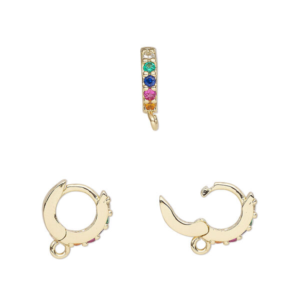 Hoop, gold-finished brass / glass / cubic zirconia, multicolored, 11mm hoop, 18 gauge. Sold per pair. image number 0