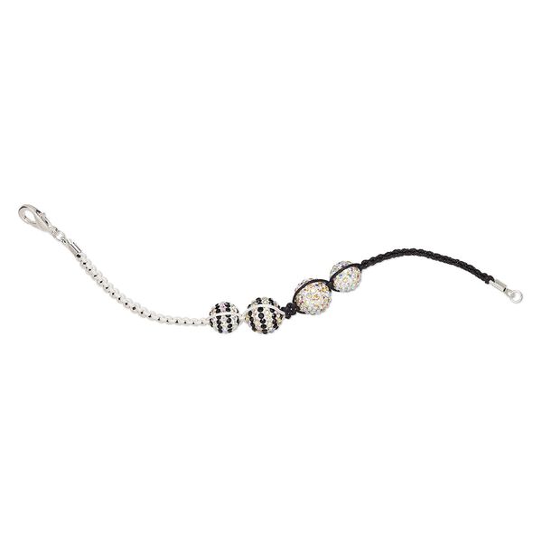 Bracelet, One of a Kind Jewelry, cotton / glass rhinestone / resin, black / white / clear, 7-1/2 inches with lobster claw clasp. Only one available. image number 0