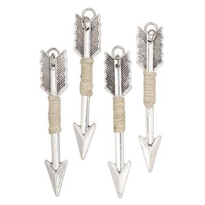 Focal, antique silver-finished "pewter" (zinc-based alloy) and hemp, tan, 2-3/8x1/2-inch double-sided arrow with steel jump ring. Sold per pkg of 4.