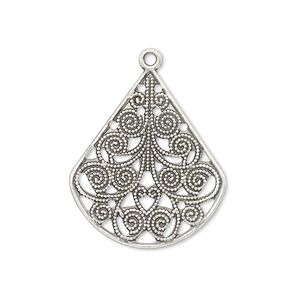 Drop, antique silver-plated steel, 26x23mm filigree teardrop. Sold per pkg of 10.
