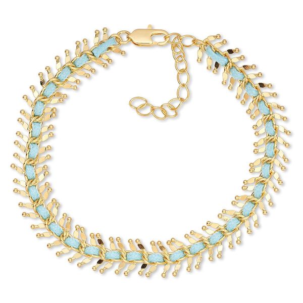 Bracelet, waxed cotton cord with gold-finished brass and steel, blue, 10mm wide wing, 7 inches with 1-3/4 inch extender chain and lobster claw clasp. Sold individually. image number 0