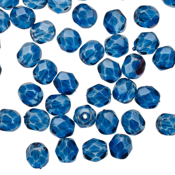 Bead 1pkg60 Czech fire-polished glass, 6mm faceted round, translucent dipped décor sapphire blue image number 0