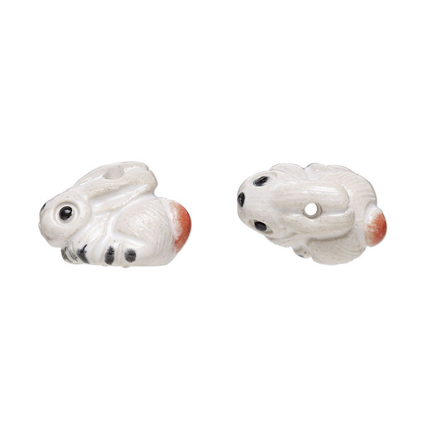 Bead, glazed ceramic, white/black/pink, 16x11mm hand-painted bunny. Sold per pkg of 2. image number 0