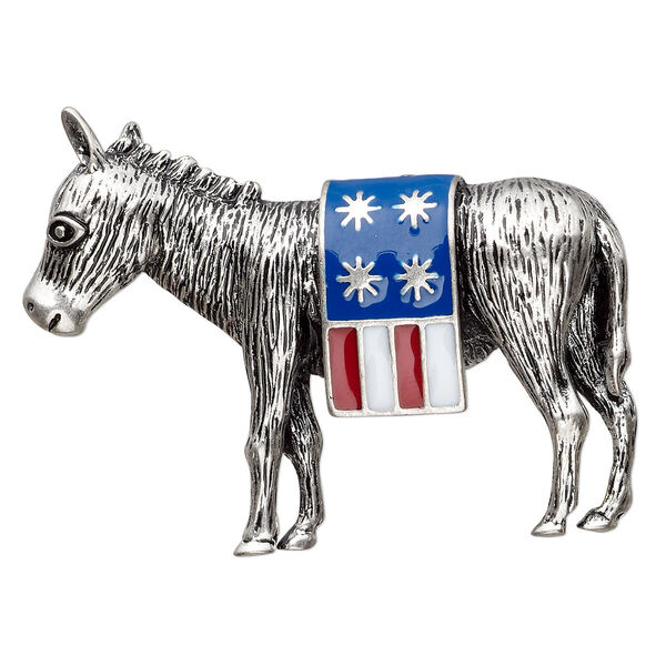 Brooch, enamel and antique silver-plated "pewter" (zinc-based alloy), red / white / blue, 48x33mm donkey with USA flag. Sold individually. image number 0