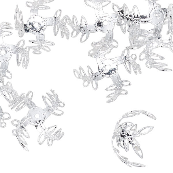 Bead cap, anodized aluminum, silver, 15x11mm leaves with cutout design, fits 20mm bead. Sold per pkg of 24. image number 0