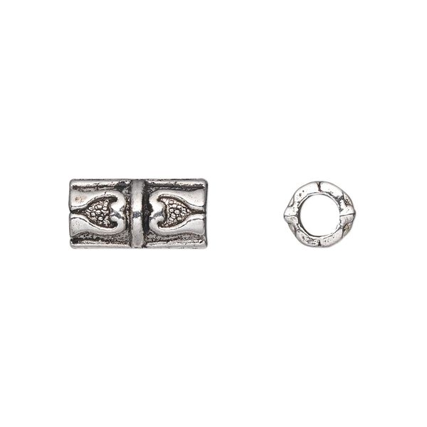 Bead, antique silver-plated "pewter" (zinc-based alloy), 14x7mm tube with hearts. Sold per pkg of 20. image number 0