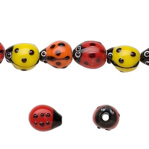 Bead, lampworked glass, multicolored, 12x10mm ladybug with eyes. Sold per 8-inch strand, approximately 15 beads.