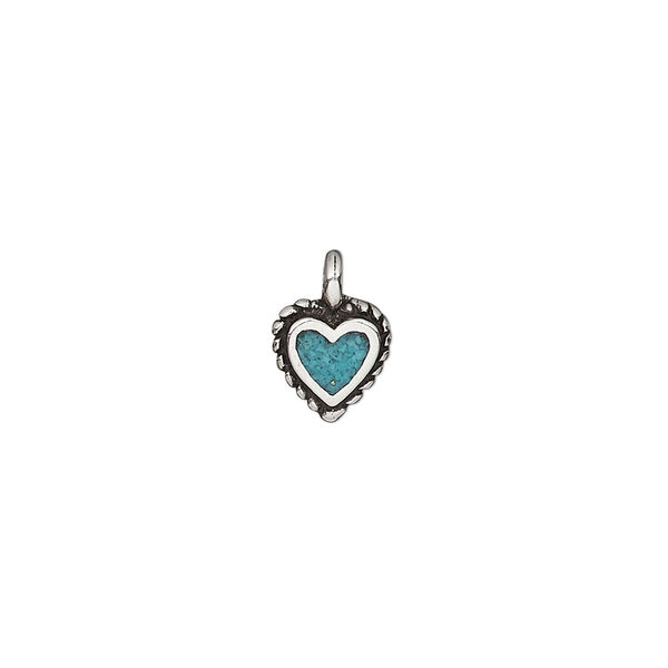 Charm, turquoise (dyed / stabilized) and antiqued sterling silver, blue, 8.5x8mm single-sided heart with rope edge. Sold individually. image number 0