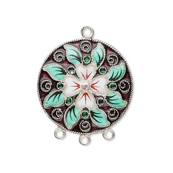Drop, sterling silver with cloisonné, purple with white flower and green leaves, 25mm round with 3-loops. Sold individually. image number 0