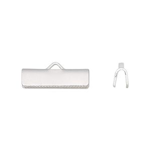 Ribbon crimp end, silver-plated brass, 19x5mm rectangle. Sold per pkg of 10.