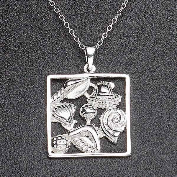 Necklace, Create Compliments®, sterling silver, 20mm square with seashells design, 18 inches with springring clasp. Sold individually. image number 0