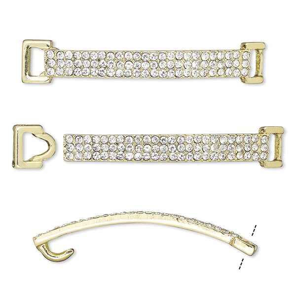 Clasp, hook-and-eye, glass rhinestone and gold-finished "pewter" (zinc-based alloy), clear, 48x8mm single-sided curved rectangle, 5x2.5mm inside diameter. Sold per 2-piece set. image number 0